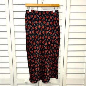 Francesca’s Blue Rain Floral Rose Satin Pull On Midi Skirt Size Small NWT